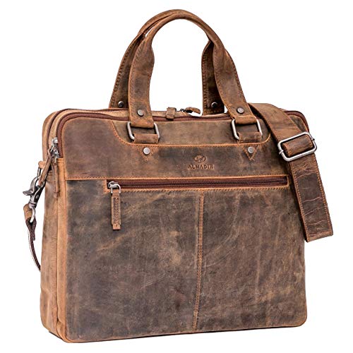 ALMADIH Leder Businesstasche Herren Aktentasche 15 Zoll Laptoptasche mit 2 Hauptfächer Umhängetasche Unitasche DIN A4 Dokumente Arbeitstasche Schultertasche Kofferschlaufe Damen braun (LUCA vintage) von ALMADIH