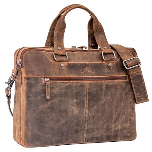 ALMADIH Leder Businesstasche Herren Aktentasche 15 Zoll Laptoptasche mit 2 Hauptfächer Umhängetasche Unitasche DIN A4 Dokumente Arbeitstasche Schultertasche Kofferschlaufe Damen braun (LUCA vintage) von ALMADIH