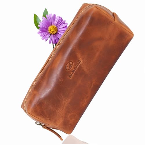 ALMADIH Leder Damen federmäppchen - Kosmetiktasche Federmappe MAX braun - praktische Damen Stiftetasche Stifteetui Lederetui Mäppchen Lehrer Etuie Federtasche Banktasche Braun (MAX Deluxe) von ALMADIH