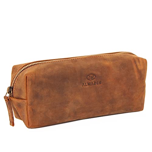 ALMADIH Leder federmäppchen Federmappe Mäppchen MAX braun - Herren Damen Stiftetasche Stifteetui Lederetui Lehrer Etuie Federtasche Kosmetiktasche Banktasche praktisch Braun (MAX Vintage) von ALMADIH