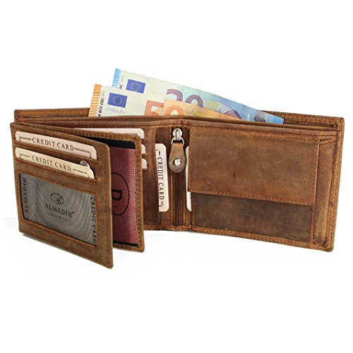 ALMADIH Leder Portemonnaie Rindsleder querformat - 12 Kartenfächer braun Vintage P2QA - Herren Geldbörse mit Geschenkbox - Geldbeutel Portmonee Brieftasche Herrenbörse Börse (P2Q Vintage Antik) von ALMADIH