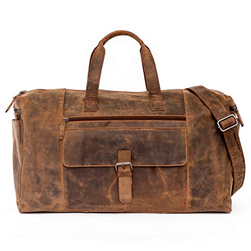 ALMADIH Echt Leder Reisetasche Herren 17 Zoll mit Laptopfach - Sporttasche Aiko braun Vintage - Weekender Handgepäck Gym Fitnesstasche Trainingstasche Damen Leder Umhängetasche (Aiko BV) von ALMADIH