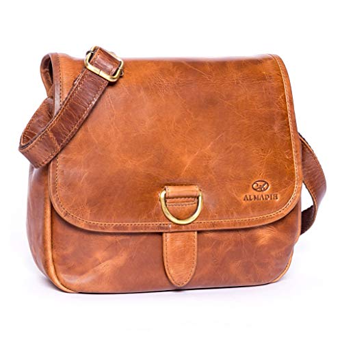 ALMADIH Leder Umhängetasche Damen LOLA mit 2 Hauptfächer - Ledertasche Handtasche Schultertasche Freizeittasche Bürotasche Abendtasche Messenger kompakte Tasche braun cognac (LOLA deluxe) von ALMADIH