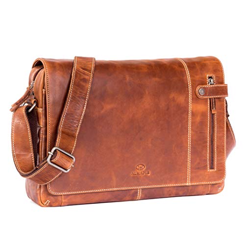 ALMADIH Leder Tasche Umhängetasche Dylan Premium Rindsleder braun BD – Laptop Fach 15 Zoll Ledertasche Aktentasche Messenger Unitasche Schultertasche Freizeittasche Tragetasche Cognac (Dylan Deluxe) von ALMADIH