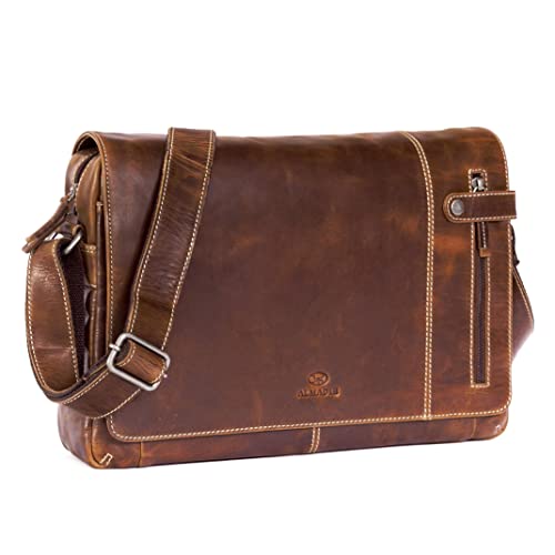 ALMADIH Leder Umhängetasche DYLAN Premium Rindsleder - Ledertasche mit Laptop Fach 15 Zoll Aktentasche Messenger Unitasche Schultertasche Freizeittasche Tragetasche braun (DYLAN deluxe) von ALMADIH