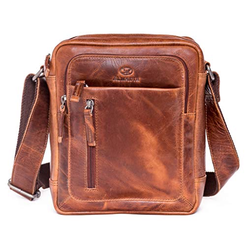ALMADIH kleine Leder Umhängetasche Herren 9.7 Zoll iPad – FINN Braun Deluxe Kompakte Leder Reisetasche Herren Ledertasche fürs Alltag Messenger Schultertasche Freizeittasche City Bag Tablet (FINN BD) von ALMADIH