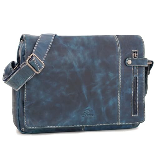 ALMADIH Leder Umhängetasche Herren DYLAN Premium Rindsleder BV - Ledertasche Laptop Fach 15 Zoll Aktentasche Messenger Unitasche Schultertasche Freizeittasche Tragetasche unisex (DYLAN Jeans blau) von ALMADIH