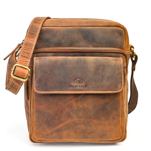 ALMADIH Leder Umhängetasche Herren perfekt für Tablet iPads 12.9 Zoll - DON braun vintage - Kompakte echte Ledertasche für Arbeit & Alltag Messenger Schultertasche kleine Herrentasche (DON bv) von ALMADIH