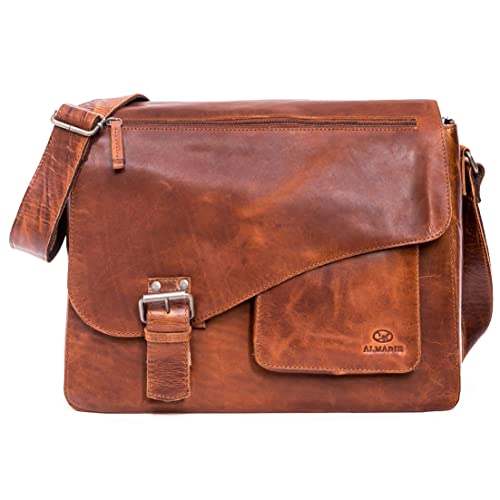 ALMADIH Leder Umhängetasche JON No.2 Premium Rindsleder BD - Ledertasche mit Laptop Fach 15 Zoll Aktentasche Messenger Unitasche Schultertasche Freizeittasche Tragetasche vintage braun (JON 2 deluxe) von ALMADIH