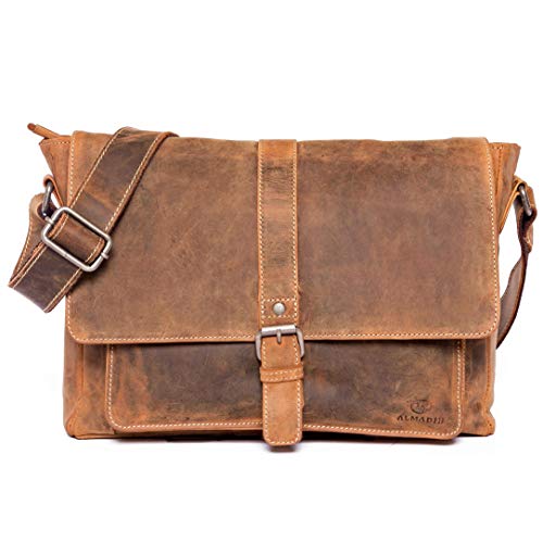 ALMADIH Leder Umhängetasche JORDAN Premium Rindsleder BV - Ledertasche mit Laptop Fach 14 Zoll Aktentasche Messenger Unitasche Schultertasche Freizeittasche Tragetasche vintage braun (JORDAN vintage) von ALMADIH