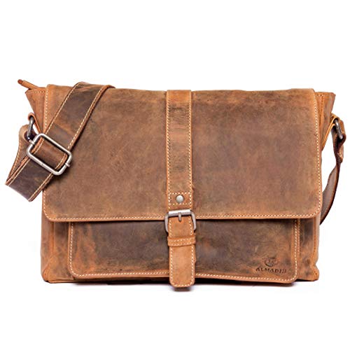 ALMADIH Herren Leder Umhängetasche 14 Zoll JORDAN Vintage Leder BV - Ledertasche Braun Laptoptasche Aktentasche Messenger Unitasche Schultertasche Freizeittasche Tragetasche vintage (JORDAN vintage) von ALMADIH