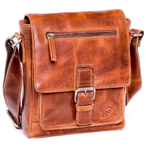 ALMADIH Leder Umhängetasche LUIS Premium Rindsleder BD – Kompakte Messenger Schultertasche Freizeittasche City Bag Tablet Ledertasche kleine Herren Damen Unisex Tasche vintage braun (LUIS deluxe) von ALMADIH