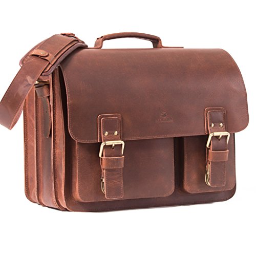 ALMADIH Leder XXL Aktentasche SAM handgefertigt, 3 große Fächern - robustem Rindsleder braun Vintage, Lehrertasche Anwalttasche Laptoptasche Notebook Unitasche Businesstasche Umhängetasche von ALMADIH