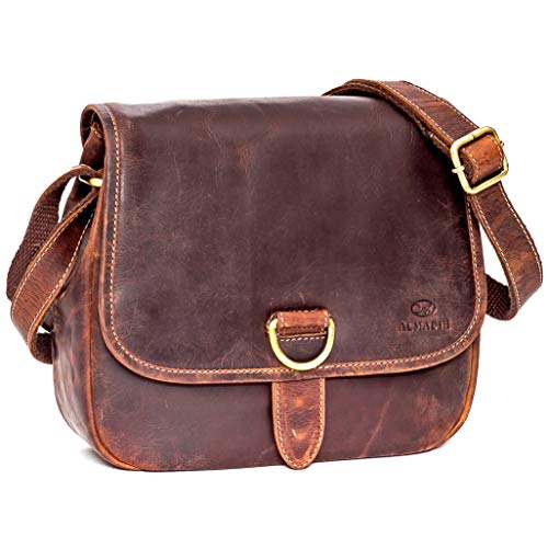 ALMADIH Ledertasche Damen Umhängetasche LOLA mit 2 Hauptfächer - Leder Damentasche Handtasche Schultertasche Freizeittasche Bürotasche Abendtasche Messenger kompakte Tasche braun (LOLA Vintage) von ALMADIH