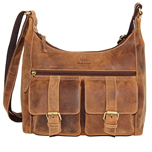 ALMADIH Geräumige echt Ledertasche Damen Umhängetasche LARA bv - große Handtasche mit viele Fächer - Leder Schultertasche für Frauen Henkeltasche Businesstasche Shopper braun (LARA vintage) von ALMADIH