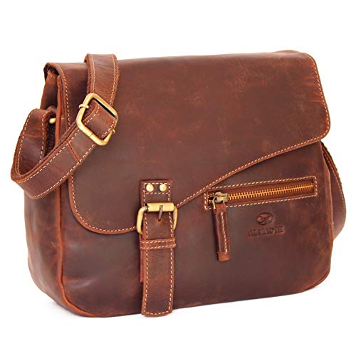 ALMADIH Premium Leder Damentasche Umhängetasche MIKI BV - 2 Hauptfächer Ledertasche Handtasche Schultertasche Freizeittasche Bürotasche Abendtasche Messenger kompakte Tasche braun (MIKI vintage) von ALMADIH