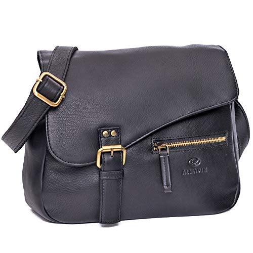 ALMADIH Premium Leder Damentasche Umhängetasche MIKI SCH - 2 Hauptfächer Ledertasche Handtasche Schultertasche Freizeittasche Bürotasche Abendtasche Messenger kompakte Business Tasche (MIKI schwarz) von ALMADIH