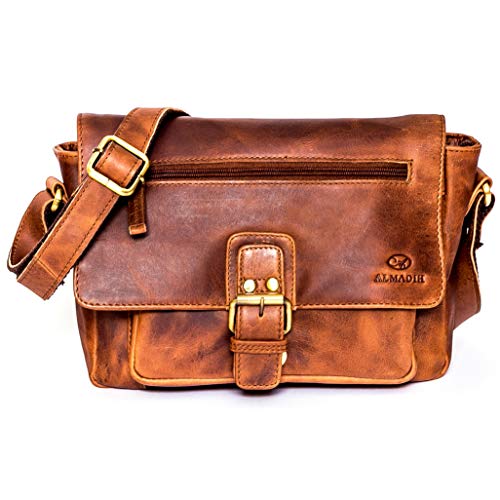 ALMADIH Premium Leder Unisex Umhängetasche KIM BD - Ledertasche Handtasche Messenger Schultertasche Freizeittasche Bürotasche Businesstasche kompakte Damen Herren Tasche braun (KIM deluxe) von ALMADIH