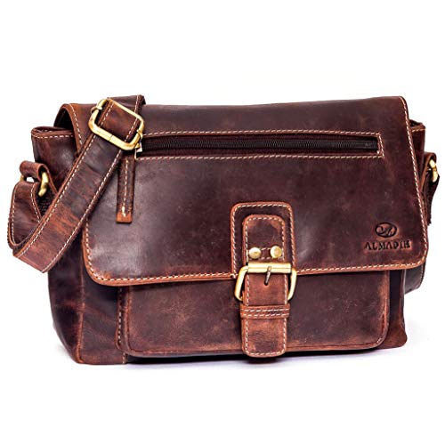 ALMADIH Premium Leder Unisex Umhängetasche KIM BV - Ledertasche Handtasche Messenger Schultertasche Freizeittasche Bürotasche Businesstasche kompakte Damen Herren Tasche braun (KIM vintage) von ALMADIH