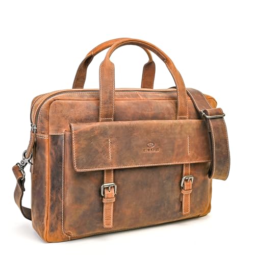 ALMADIH XL Leder Businesstasche Herren 15,6 Zoll Laptoptasche Braun Vintage - Leder Aktentasche ALEX Ledertasche Umhängetasche Unitasche Damen Arbeitstasche Dokumenten Schultertasche (Alex BV) von ALMADIH