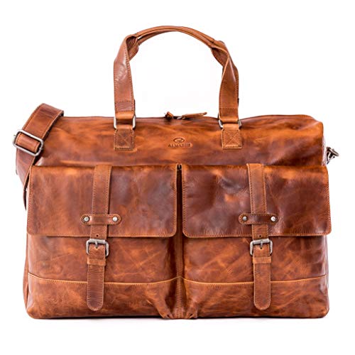ALMADIH XL Leder Reisetasche Herren Sporttasche Kane - Premium Rindsleder BH Weekender Handgepäck Gym Fitness Tasche Duffle Bag Trainingstasche mit Laptopfach Umhängetasche Damen (Kane braun Havana) von ALMADIH