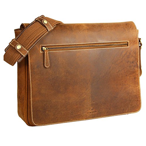 ALMADIH XL echt Leder Messenger 17" Laptop-Fach braun Vintage M28 Laptoptasche Aktentasche viele Fächer - Ledertasche Umhängetasche Businesstasche Lehrertasche Unitasche DIN A4 Schultertasche (JANNE) von ALMADIH
