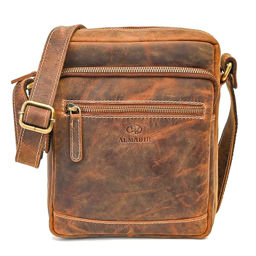 ALMADIH kleine Leder Umhängetasche Herren 9.7 Zoll iPad – EMIL braun vintage - Kompakte Ledertasche für Reisen & Alltag Messenger Schultertasche Freizeittasche Tablet Herrentasche Damen (EMIL bv) von ALMADIH