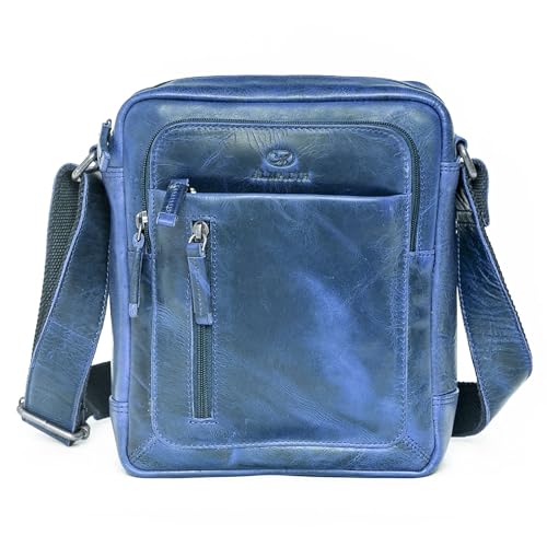 ALMADIH kleine Leder Umhängetasche Herren 9.7 Zoll iPad – FINN blau Vintage Kompakte Ledertasche für Reisen & Alltag Messenger Schultertasche Freizeittasche City Bag Tablet Damen (FINN blue) von ALMADIH