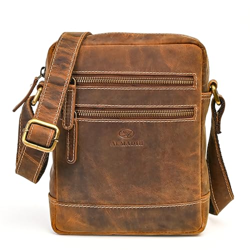 ALMADIH kleine Leder Umhängetasche Herren 9.7 Zoll iPad – LEON braun vintage - Kompakte Ledertasche für Reisen & Alltag Messenger Schultertasche Freizeittasche Tablet Herrentasche Damen (LEON bv) von ALMADIH