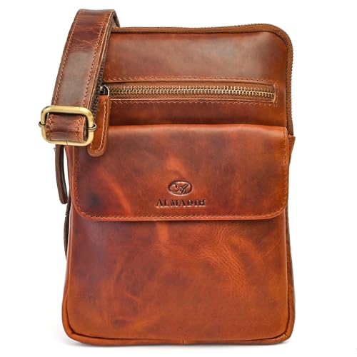 ALMADIH kleine Leder Umhängetasche Herren 9.7 Zoll iPad – RICK braun deluxe - Kompakte Ledertasche für Reisen & Alltag Messenger Schultertasche Freizeittasche Tablet Herrentasche Damen (RICK bd) von ALMADIH
