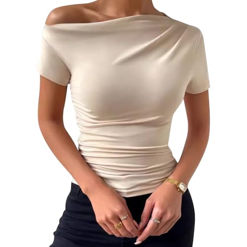 ALMLWIAJ Damen One Shoulder Kurzarm Top, Gerafftes Design, Schwarz/Beige von ALMLWIAJ
