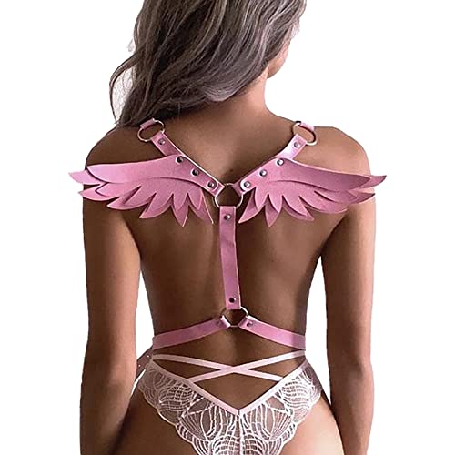 ALMYMM Angel Wings Body Harness Frauen Sexy Leder Dessous Fetisch Bdsm Bondage Dessous Strumpfband Hosenträger Gothic Kleidung Geschirre,Sexy Damen Fetisch Spielzeug für Sex Spiele (Rosa) von ALMYMM