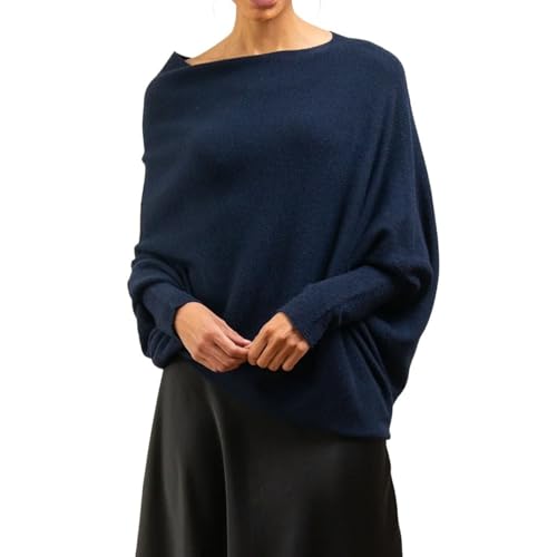 ALOEU Asymmetrischer Draped Pullover, Asymmetrischer Ausschnitt, Lockerer Pullover für Frauen, Draped Oberteile für Frauen (Navy Blue) von ALOEU