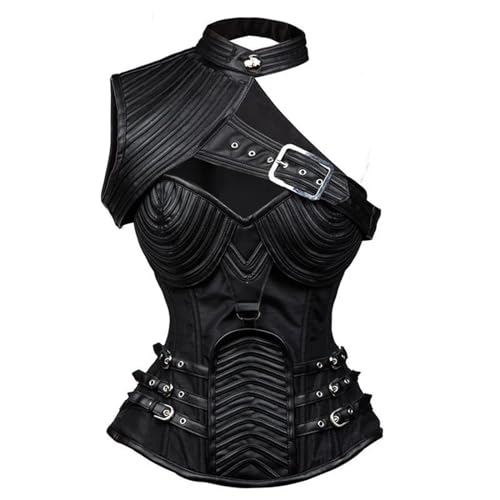 ALOEU Schwarzes Lederrüstungs-Stahlknochen-Überbrustkorsett und Bustier-Oberteile, Damen-Shaper-Körper-Vintage-Korsett 6XL (Color : Black Set, Size : L) von ALOEU