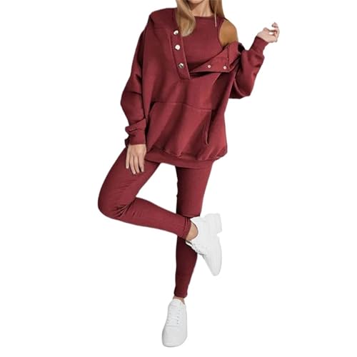 Calmlily 3 Piece Hoodie Set Women, Tracksuit Button down Hoodies, Calmlily Oversized Hooded Casual 3pc Sweatshirt Suit(Red,L) von ALOEU