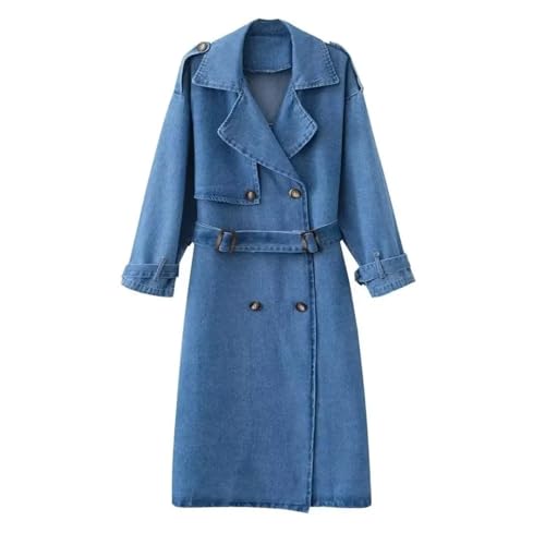 ALOEU Lange Denim-Trenchcoats for Frauen, Gürtel an der Taille, schlanke Jean-Mäntel, Damen, feminine blaue Jeansjacke (Color : Blue, Size : L) von ALOEU