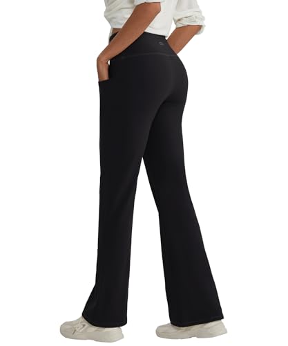 ALONG FIT Bootcut-Yogahose-Damen High Waist DIY-Länge Flared-Leggings-Damen mit 3 Taschen Blickdichte Bootleg Pants Elegante Jogginghose Dehnbare Fitness Sporthose mit Bauchkontrolle Schwarz XL von ALONG FIT