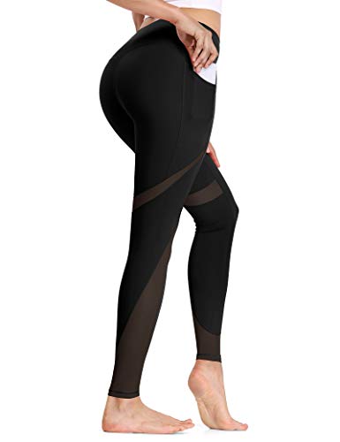 ALONG FIT Damen Sport Leggings mit Netzeinsatz Einsatz Mesh Blickdichte Sporthose mit Tasche Hohe Taille Lange Laufhose Jogginghose Yoga Fitness Training von ALONG FIT