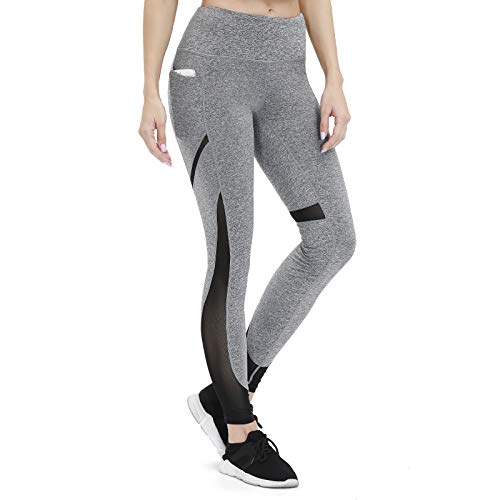 ALONG FIT Damen Sport Leggings mit Netzeinsatz Einsatz Mesh Blickdichte Sporthose mit Tasche Hohe Taille Lange Laufhose Jogginghose Yoga Fitness Training von ALONG FIT