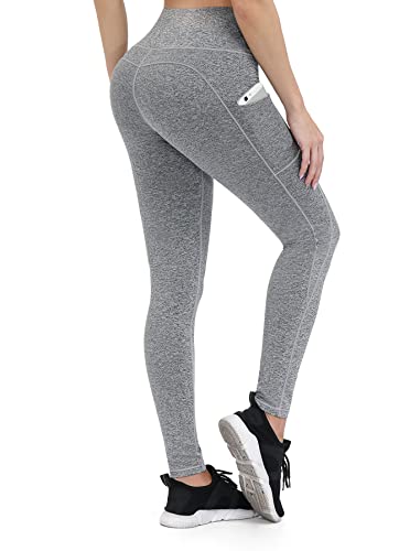 ALONG FIT Leggings Damen Lang mit Taschen Blickdichte Sporthose Damen High Waist Elastische Dehnbare Yogahosen Fitness Sport Leggings mit Bauchkontrolle Figurformende Weiche Laufhose Kohlengrau L von ALONG FIT