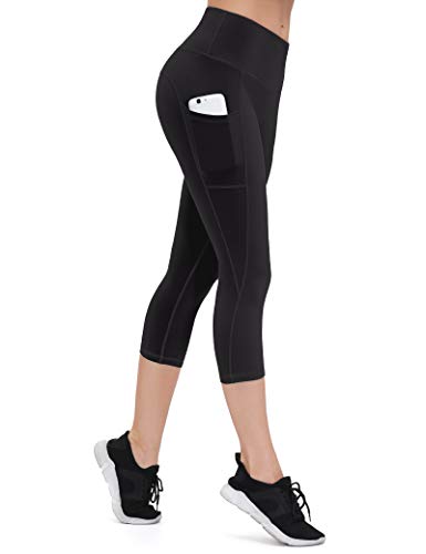 ALONG FIT Damen Capri Leggings 3/4 mit Handytasche High Waist Blickdichte Sporthose Hohe Taille Gym Leggings Bauchweg Yogahose für Fitness Joggen Schwarz XS von ALONG FIT