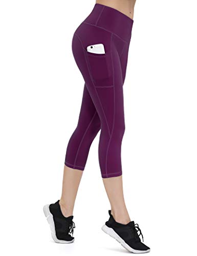 ALONG FIT Damen Capri Leggings 3/4 mit Handytasche High Waist Blickdichte Sporthose Hohe Taille Gym Leggings Bauchweg Yogahose für Fitness Joggen Dunkelviolett XS von ALONG FIT