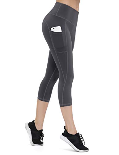 ALONG FIT Damen Capri Leggings 3/4 mit Handytasche High Waist Blickdichte Sporthose Hohe Taille Gym Leggings Bauchweg Yogahose für Fitness Joggen Tiefgrau XS von ALONG FIT