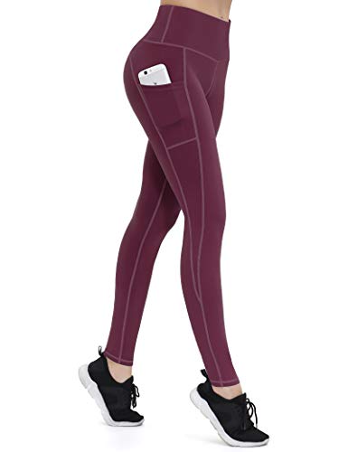 ALONG FIT Leggings Damen mit Taschen, Nicht durchsichtig Sporthose Damen Dehnbar Yogahosen für Damen, Burgunderrot, S von ALONG FIT