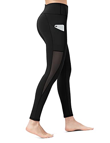 ALONG FIT Leggings Damen mit Taschen, Nicht durchsichtig Sporthose Damen Dehnbar Yogahosen für Damen, Mesh-schwarz, L von ALONG FIT