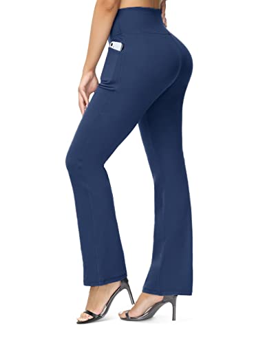 ALONG FIT Schlaghose Damen High Waist mit Taschen Elastisch Damen Bootcut Yogahose Weich Damen Flare Bootcut Hose Elegant Flared Leggings Damen, Blau XL von ALONG FIT