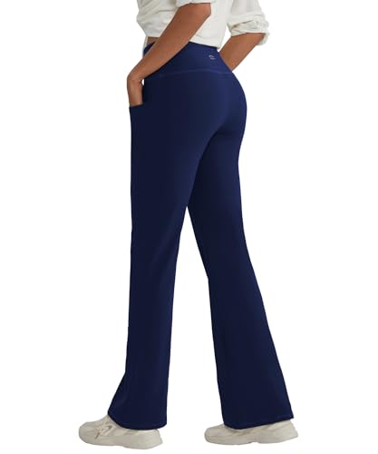 ALONG FIT Schlaghose Damen High Waist mit Taschen Elastisch Damen Bootcut Yogahose Weich Damen Flare Bootcut Hose Elegant Flared Leggings Damen, Blau XL von ALONG FIT