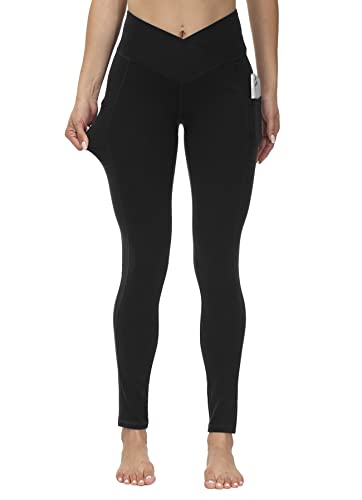 ALONG FIT Sport Leggings Damen V Cross Waist Yogahose Sporthose Damen Tummy Control Gym High Waist Workout Leggings Mit Taschen Blickdicht Laufhose Schwarz 2XL von ALONG FIT