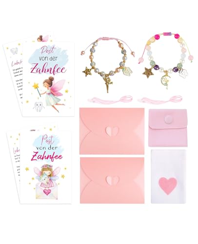 ALONK 2 Teiliges Zahnfee Geschenke Mädchen Set, Zahnfee Perlenarmband + Zahnfee-Postkarte & Stoffbeutel Geschenk, Geschenkset für Mädchen & Jungen zur Zahnübergabe von ALONK