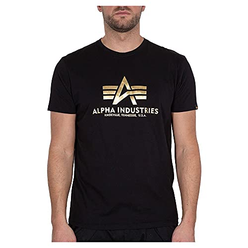 Alpha Industries Herren Basic Foil Print T-Shirt, Black/Yeelow Gold, L von ALPHA INDUSTRIES